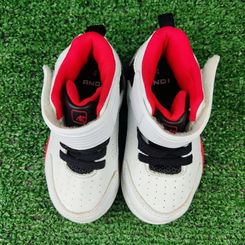 AND1 Basketball Sneakers Kids Size 4 White‎ Red Black High Top Hook Loop Strap